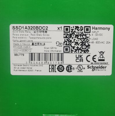 Schneider Electric SSD1A320BDC2 Solid State Relay SSR DIN Rail Mount 20A Load Current 48-600V AC Output 4-32V DC Control